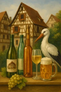 Illustration représentant des boissons typiques d’Alsace : vin, bière, spiritueux et eau