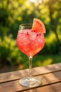 Verre de Sarti Spritz sur fond estival avec tranches de pamplemousse